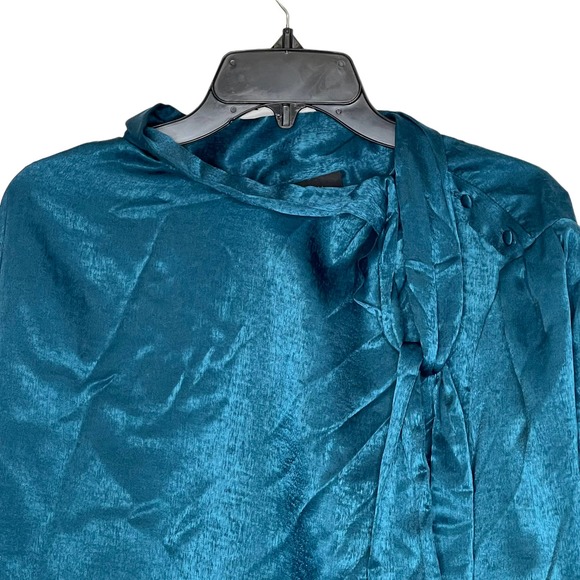 Worthington Satin Texas Teal Draped Textured Blouse Hi Neck Bow‎ Women PXXL NWT - Picture 2 of 8